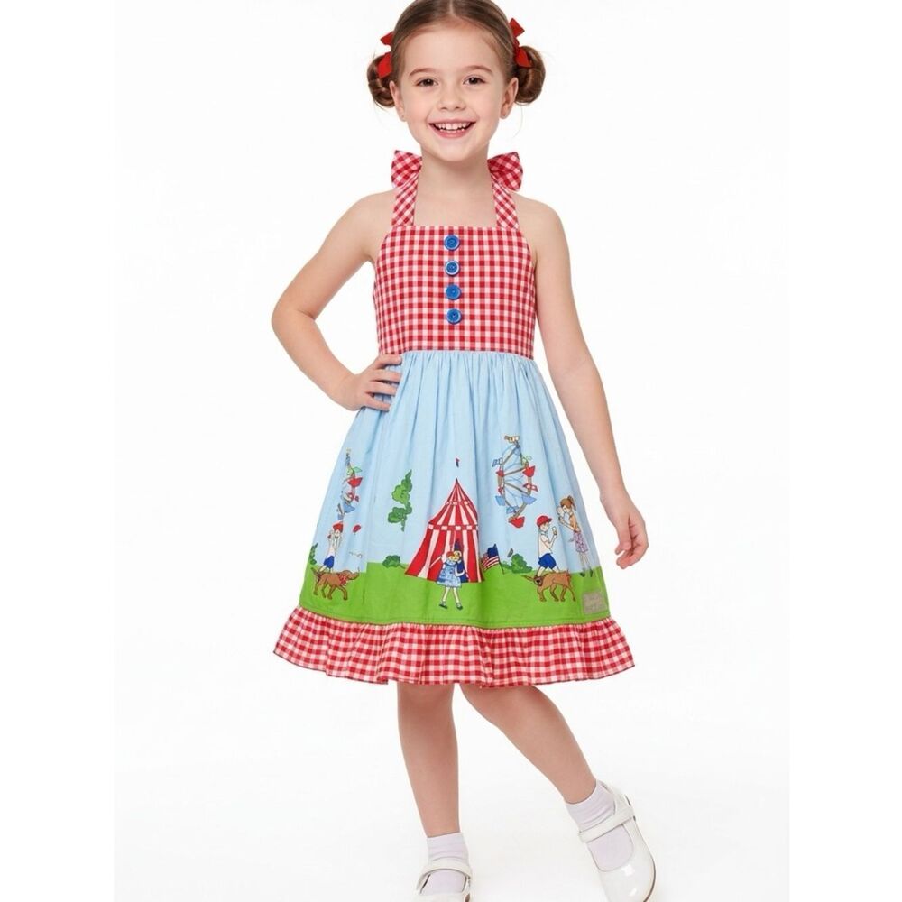 Eleanor Rose circus print red and white gingham halter smocked dress vintage - Picture 2 of 12
